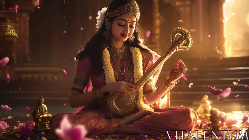 Seated veena player in ornate temple interior at dusk.