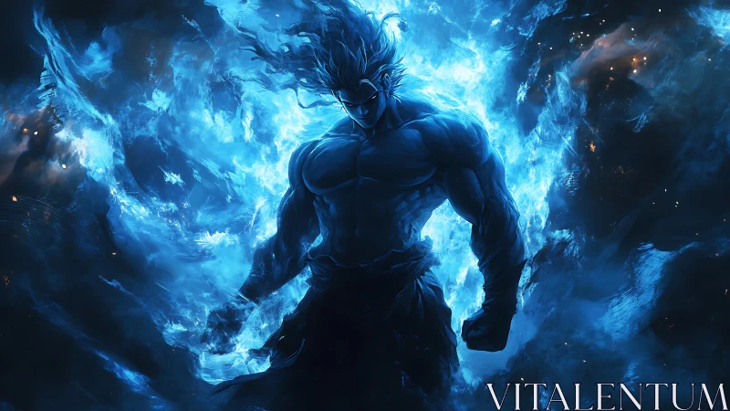 Muscular blue figure in intense energy field composition.