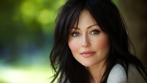 Soft-eyed woman rests calmly against a gentle green blur