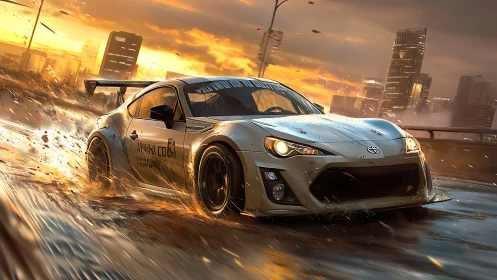 Racing coupe drifts through wet city highway at fiery sunset