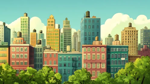 Midrise and highrise city blocks with foreground trees.