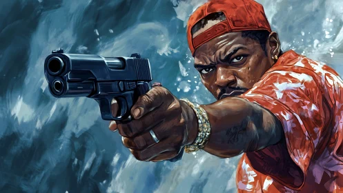 Kinetic digital painting of armed figure in dynamic foreshortening.