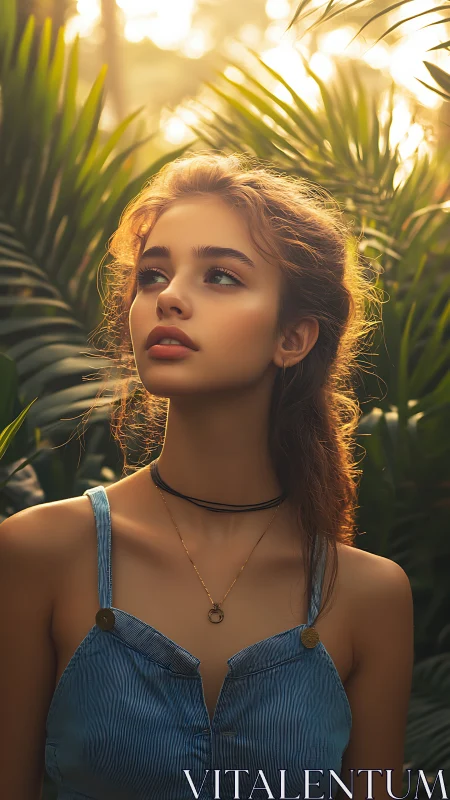 Sunlit portrait of young woman framed by tropical foliage