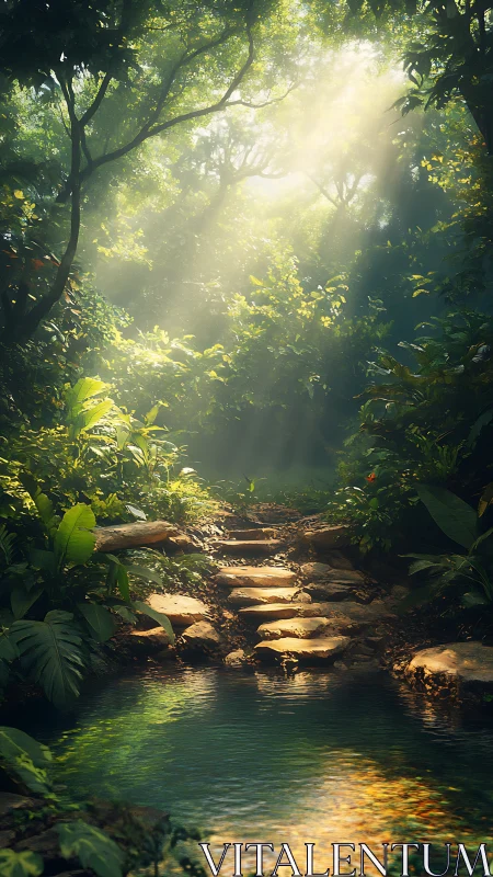 Sunlit stone path above reflective jungle stream in misty grove