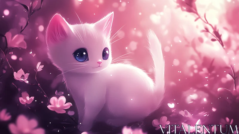 White kitten sits among pink flowers in luminous fantasy environment.