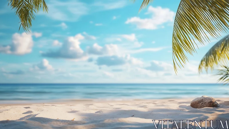 Tropical Beach with Palm Fronds and Ocean View