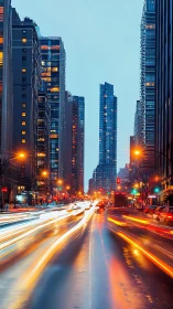 Long-exposure urban avenue captures light trails and glass towers