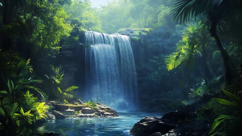 Lush jungle waterfall pouring into clear blue pool.
