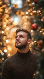 Soft-lit dreamer amid golden holiday bokeh wonderland.