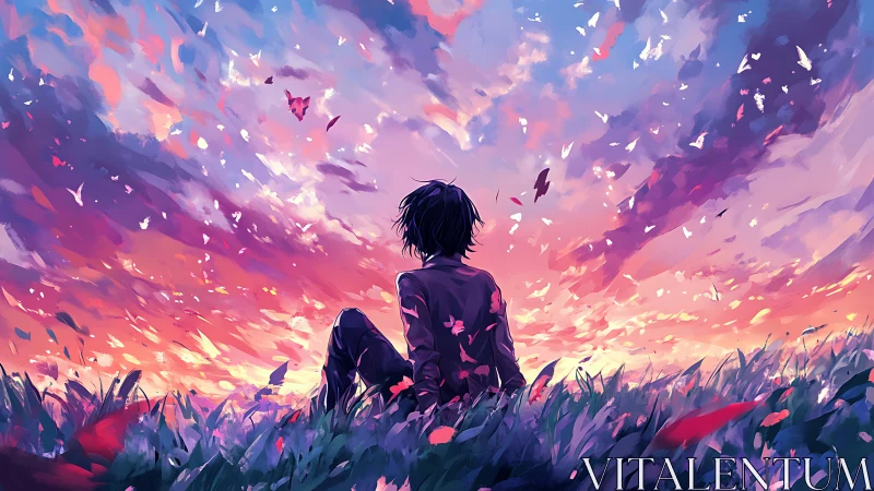 Solitary figure observing painterly twilight sky panorama.