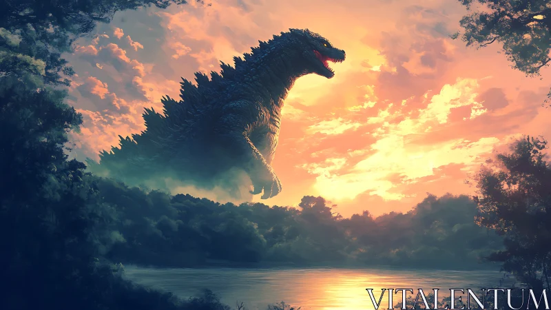 Colossal reptilian kaiju silhouette dominates a cinematic sunset sky