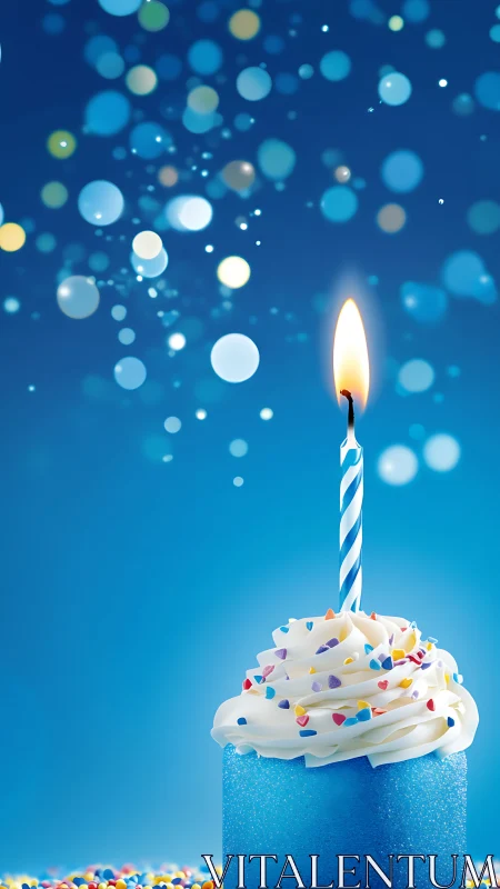 Blue Birthday Cake with Lit Candle Amid Glowing Particles
