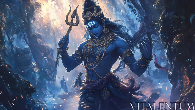 Storm-skinned deity dancing through emberlit cosmic forest.