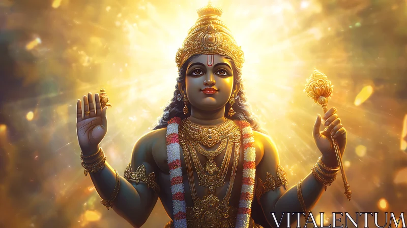 Radiant Hindu deity in golden light with ornate garlands.