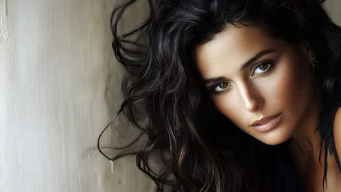 Striking brunette portrait with soft light and intense gaze.