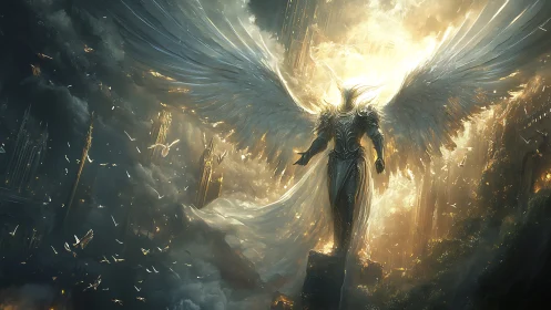 Celestial armored seraph in radiant apocalyptic skyline.