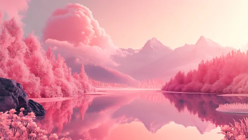 Dreamlike pink alpine lake under luminous pastel sky.