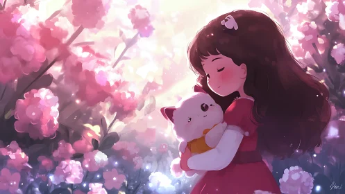 Anime girl hugging plush toy in glowing pink garden.