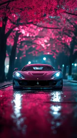 Sports car stands on wet street under dense pink foliage