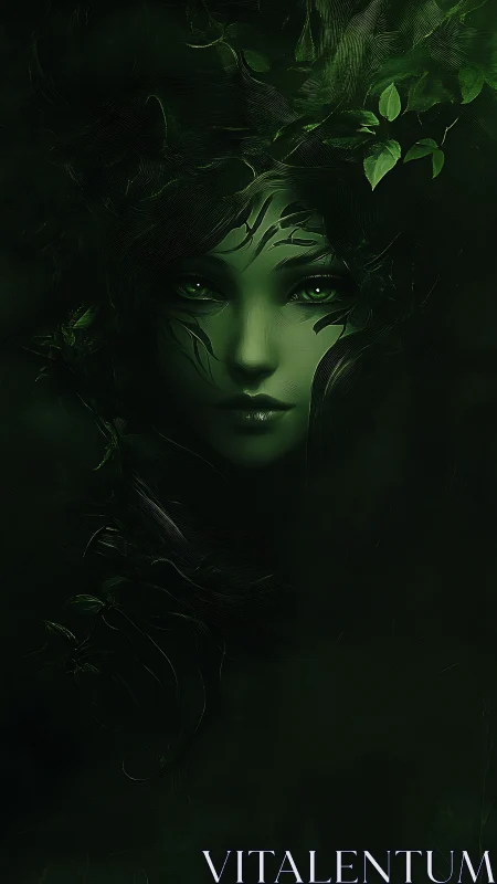 Mystical green forest spirit face emerging from darkness.