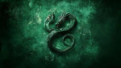 Digital painting emblem of coiled dual-headed emerald dragon sigil.