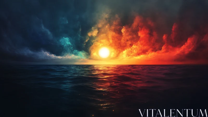 Stormlit ocean sunset between emerald dusk and fire.