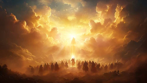 Procession of robed figures under radiant sky opening.