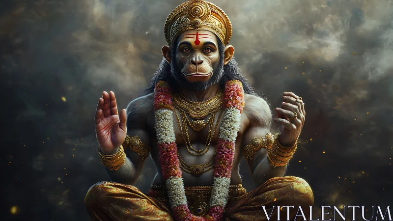 Regal monkey deity invites calm reflection in golden splendor
