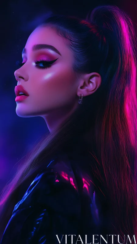 Neon-lit side profile of glamorous woman in glossy jacket.