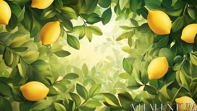 Lemons hang among dense green leaves in soft diffuse light