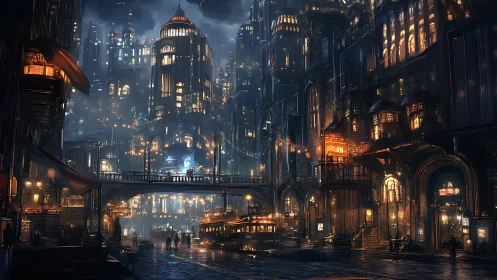 Noir-lit futuristic city hums with elevated rails and rain-soaked streets.