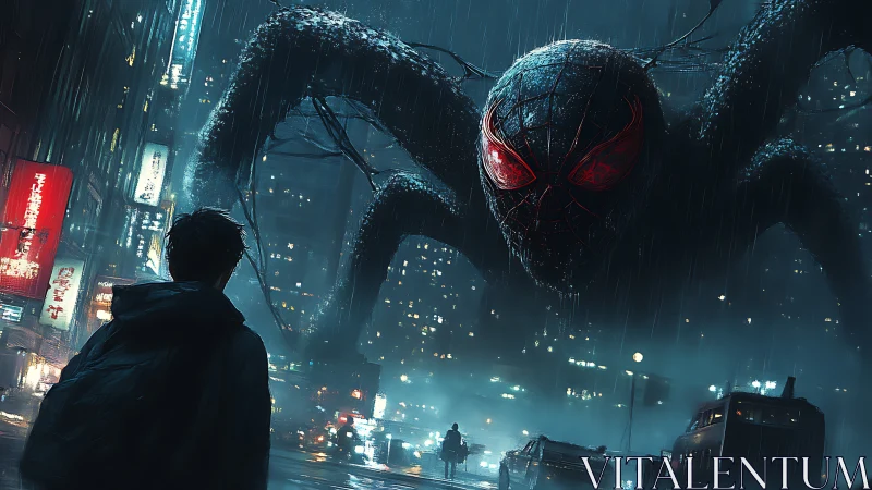 Stormlit city showdown with a towering spider shadow.