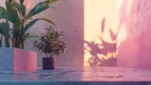 Soft sunset glow on potted plants and dreamy shadows.