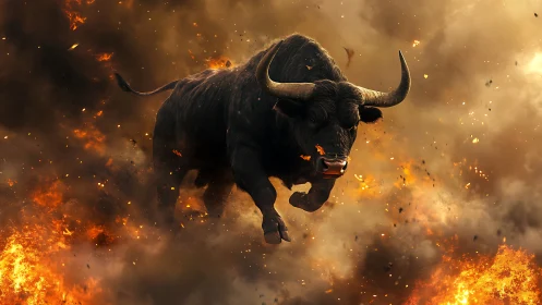 Bull is rendered mid-charge within dense fire and smoke field