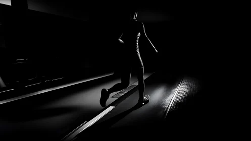 Silhouetted runner on treadmill in low key studio lighting.