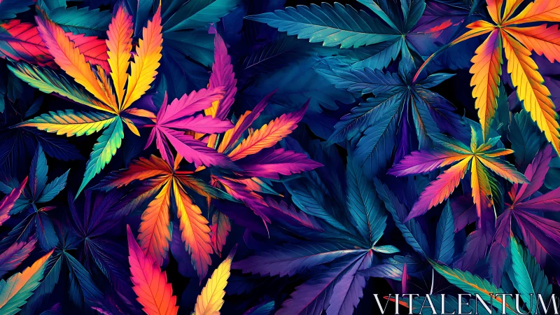 Neon cannabis leaves overlap in saturated rainbow palette