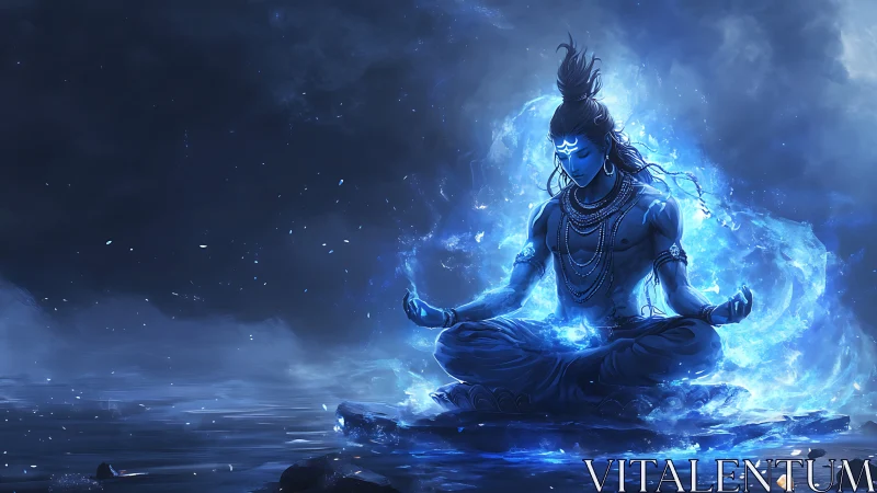 Meditating blue deity in luminous cosmic energy vortex