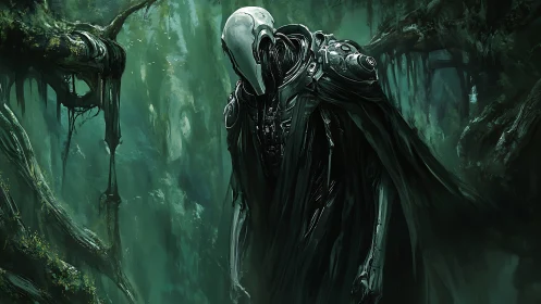 Mysterious armored android wanders quietly through a misty forest