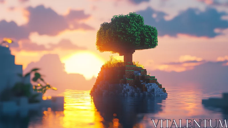 Pixelated tree island at sunset with golden water reflection.