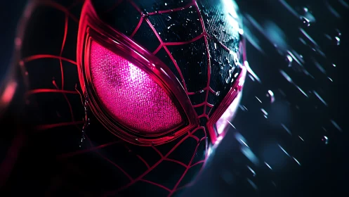 Rain-soaked neon spider mask rendered in cinematic close-up