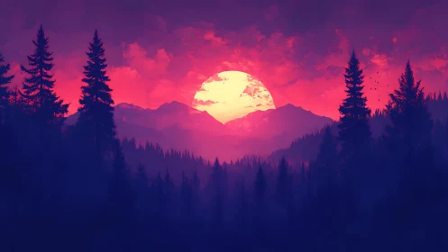 Neon gradient alpine sunset behind silhouetted conifer forest