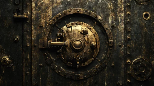 Weathered steel vault door with heavy circular lock mechanism.