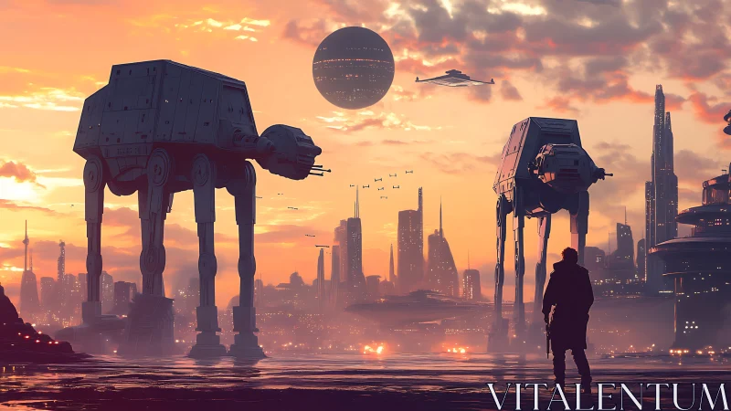 Colossal quadruped combat walkers over futuristic sunset city