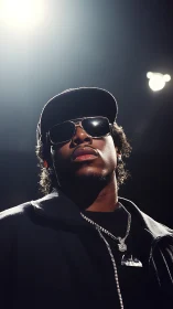 Confident performer stands in bold stage lighting and shadow