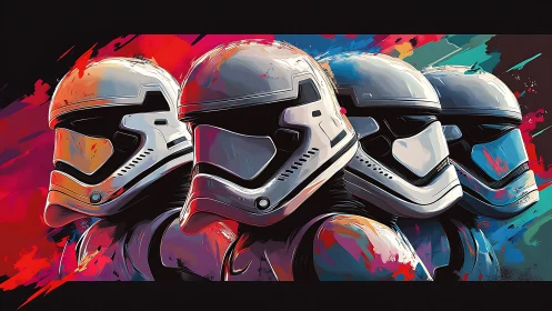 Helmeted sci-fi soldiers in stylized lineup against colors.