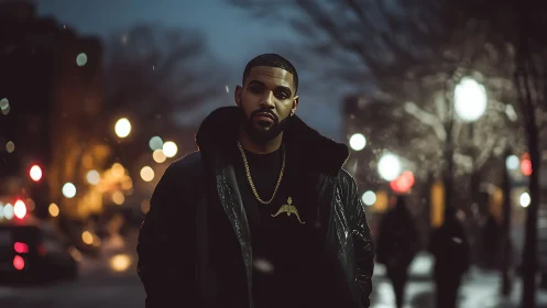 Moody urban portrait under blurred winter city lights.