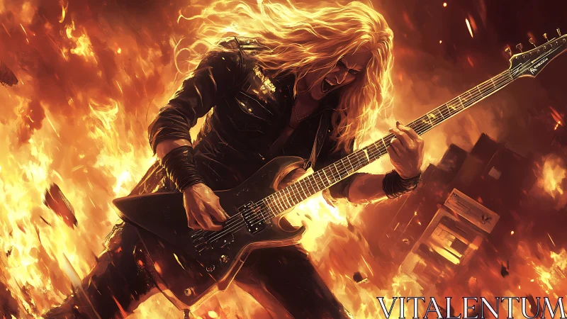 Metal guitarist shreds amid towering inferno and flying debris