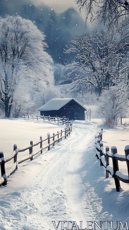 Snow-dusted fences curl toward a quietly dreaming winter cabin