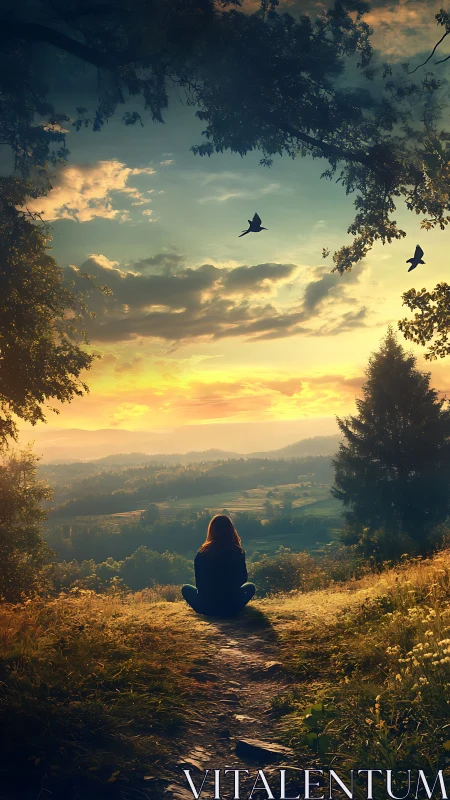 Solitary dreamer bathing in a storybook sunrise valley.