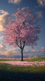 Single pink-blossomed tree stands in rendered open landscape